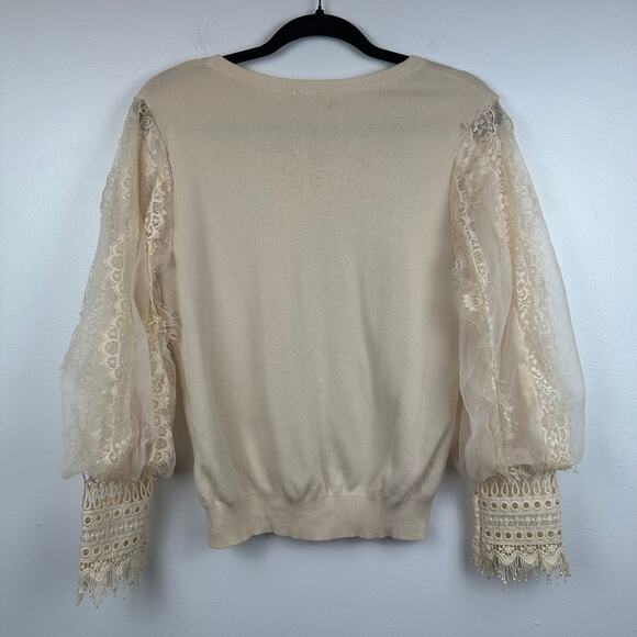 Fab'rik Womens Sheer Lace Balloon Sleeve Pullover Round Neck Beige Sweater Small - Picture 2 of 9